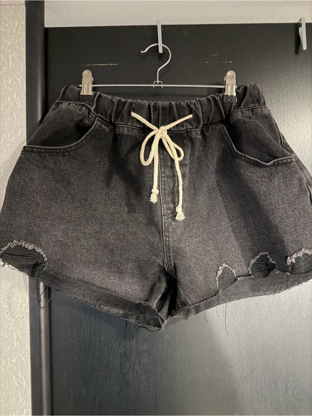 Black Drawstring Denim Women’s Shorts - Picture 2 of 3